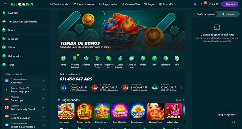 Interfaz principal de BetonWin con casino y apuestas