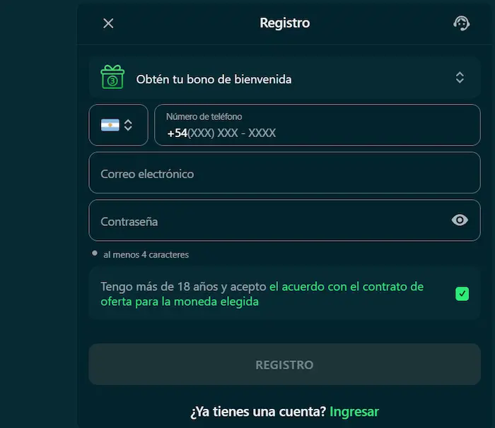 Registro de cuenta en BetonWin